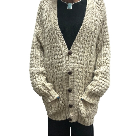 Rita Condern Hand Loomed Wool Fishermans Knit Cardigan Sweater Made In Ireland - Picture 5 of 16